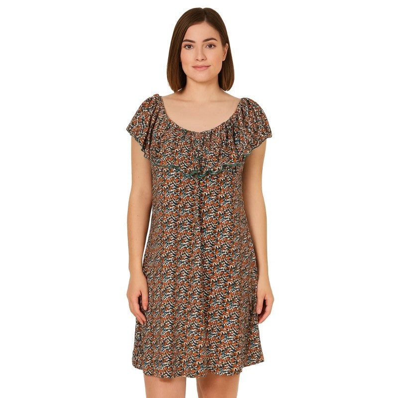 Abito donna elasticizzato JUSTMINE con scollo con volant emerald/orange/lila E2746 8028 Made in Italy