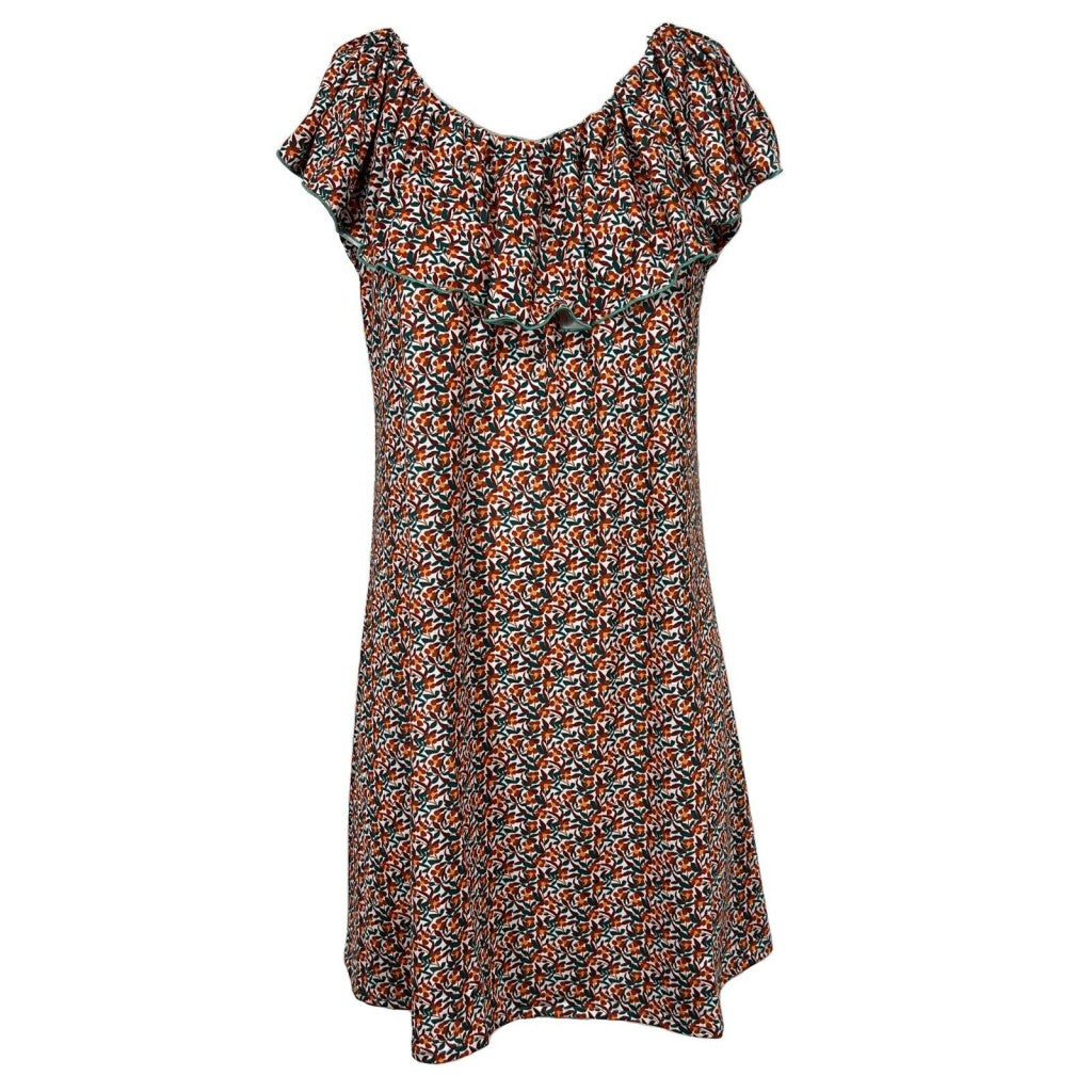 Abito donna elasticizzato JUSTMINE con scollo con volant emerald/orange/lila E2746 8028 Made in Italy