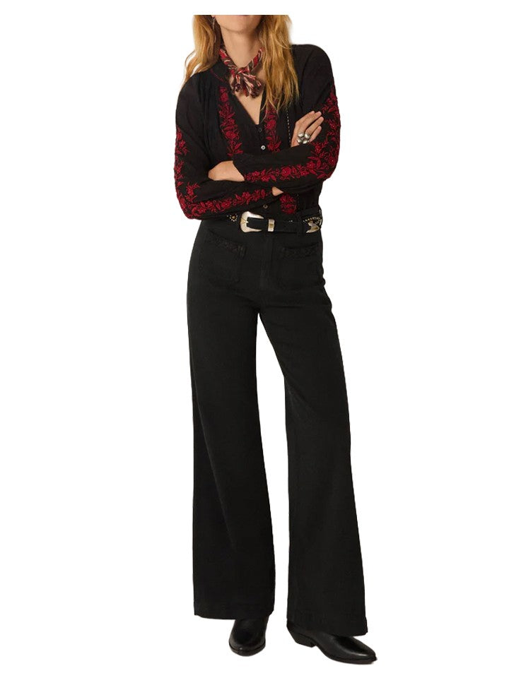 MAISON HOTEL Camicia Donna Nera Tessuto Operato con Ricami Bordeaux – GRETA BLOUSE