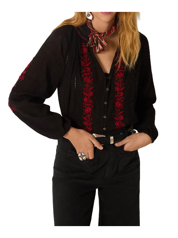 MAISON HOTEL Camicia Donna Nera Tessuto Operato con Ricami Bordeaux – GRETA BLOUSE