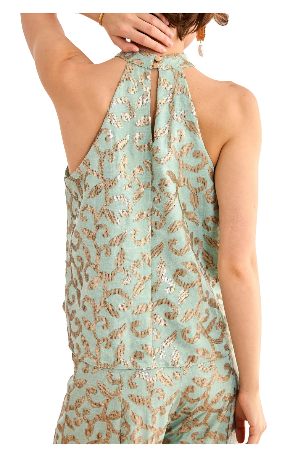 FF.JADE-000009 NEKANE top donna scollo americana verde acqua/oro