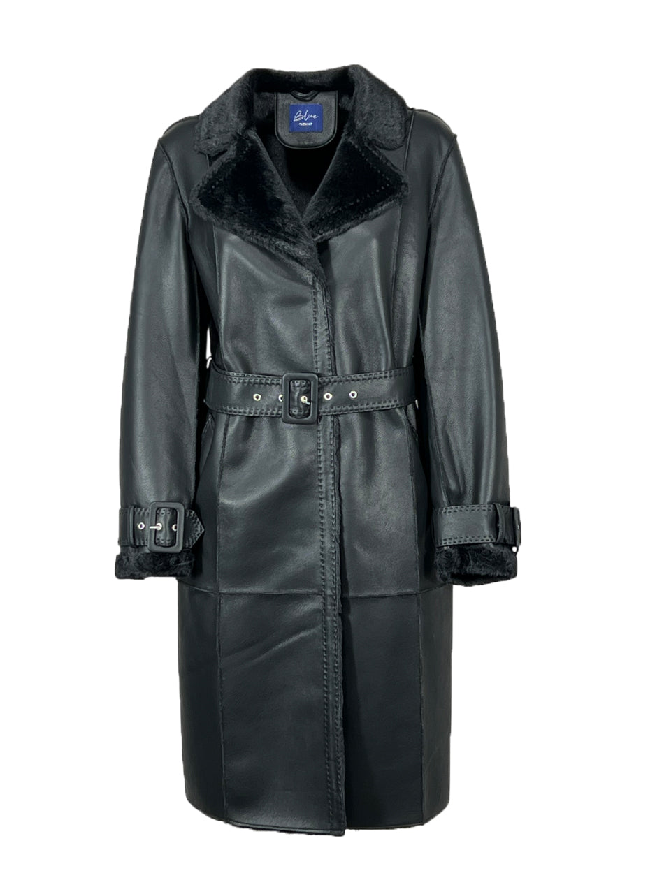 BLUE cappotto eco montone nero donna 100 cm | cintura, automatici nascosti 43540 PB287