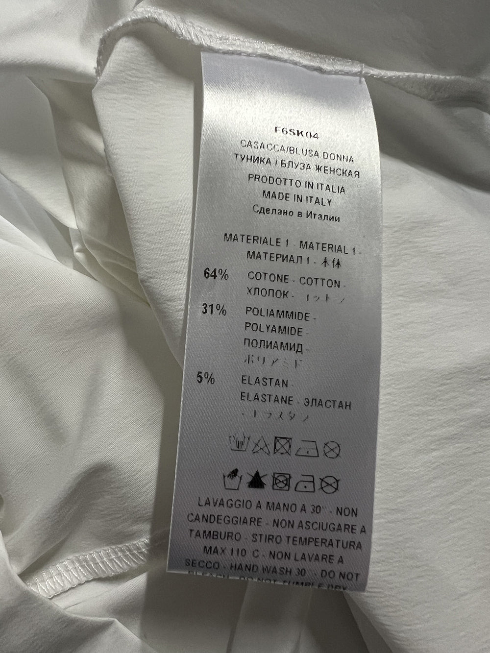 Blusa donna Liviana Conti F6SK04 ARIEL popeline primaverile bianco con rouche e drappeggi frontali