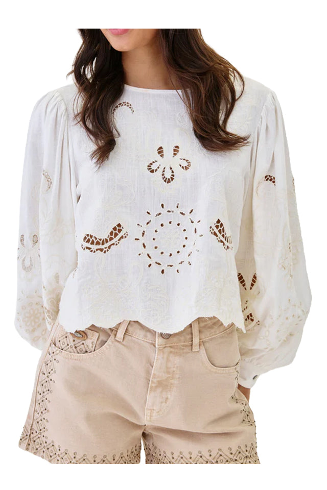 NEKANE LX.WERET-000001 blusa donna ecrù ricami cropped viscosa lino