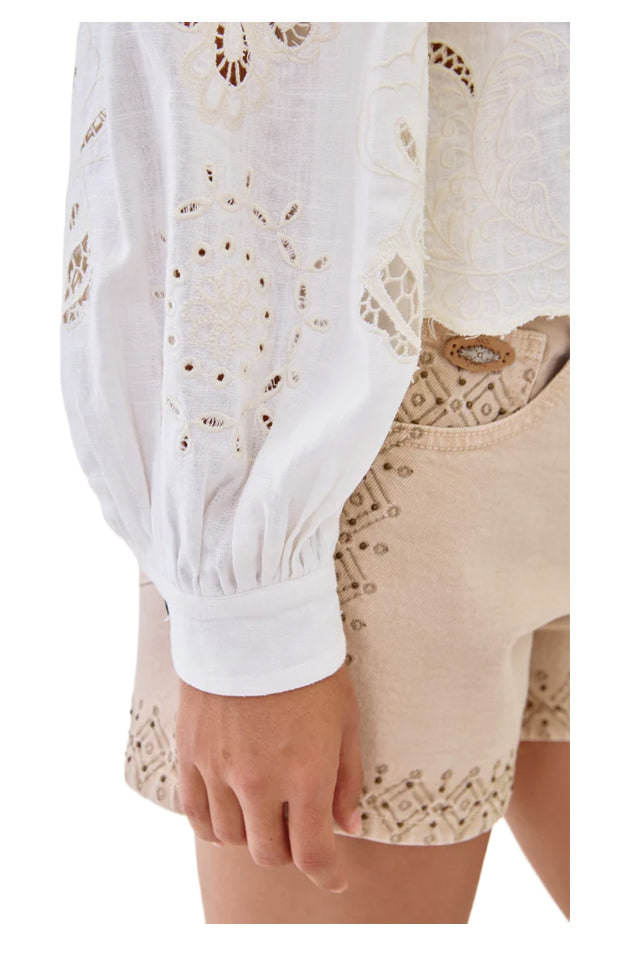 NEKANE LX.WERET-000001 blusa donna ecrù ricami cropped viscosa lino