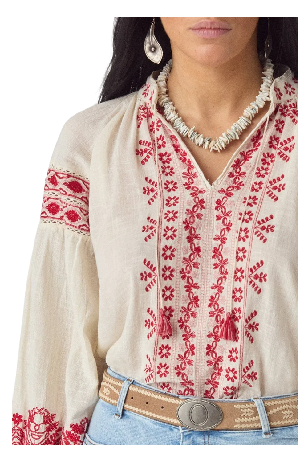 MAISON HOTEL Camicia Donna Panna Ricami Rossi Antonella Cotone