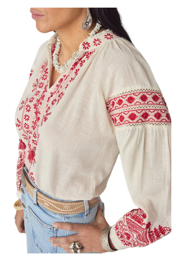 MAISON HOTEL Camicia Donna Panna Ricami Rossi Antonella Cotone