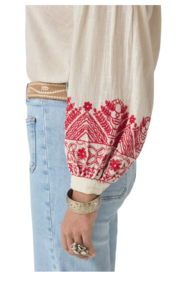 MAISON HOTEL Camicia Donna Panna Ricami Rossi Antonella Cotone