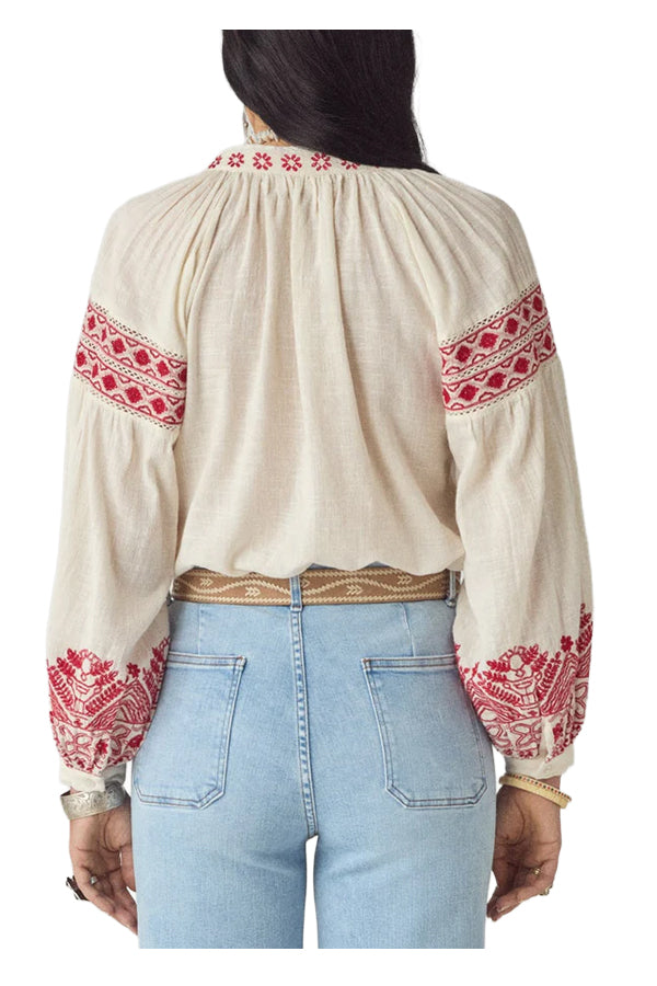 MAISON HOTEL Camicia Donna Panna Ricami Rossi Antonella Cotone