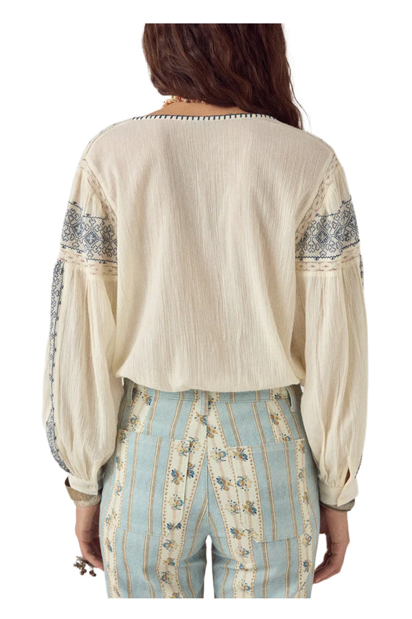 MAISON HOTEL Camicia Donna panna con Ricami Blu Claudia Cotone