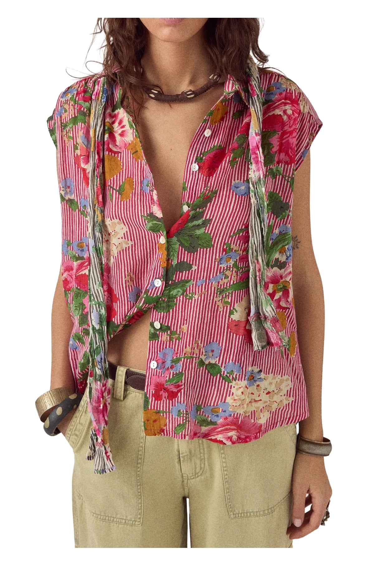 MAISON HOTEL Camicia Donna Righe Bianco Rosso Floreale Lucas