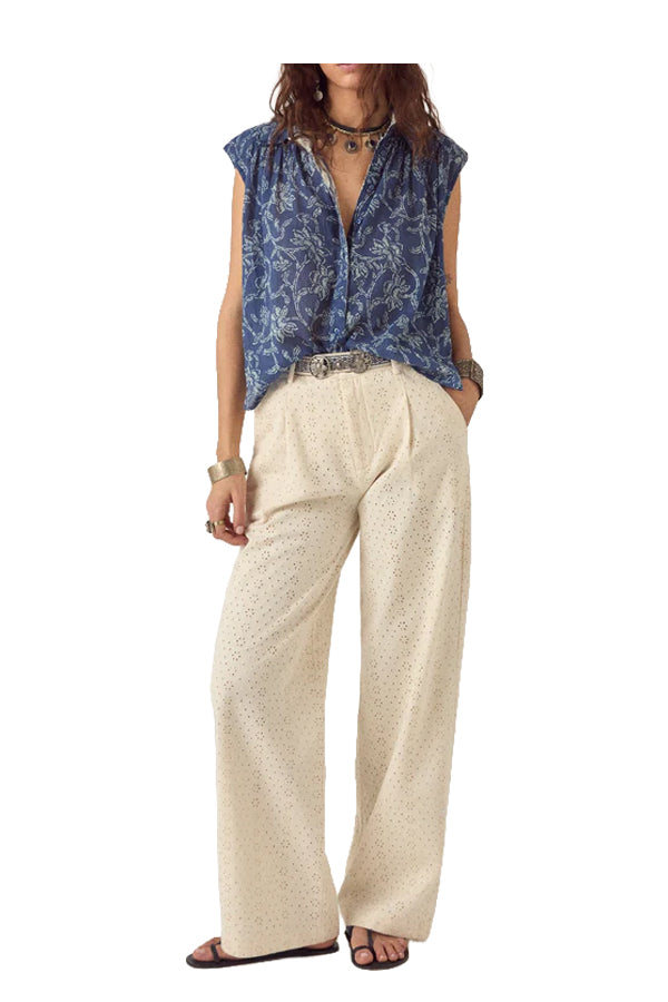 MAISON HOTEL Camicia Donna Blu Floreale Bianca Mina Cotone