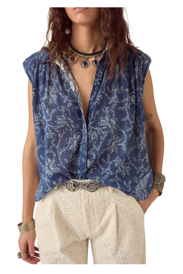 MAISON HOTEL Camicia Donna Blu Floreale Bianca Mina Cotone