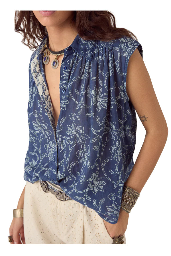 MAISON HOTEL Camicia Donna Blu Floreale Bianca Mina Cotone