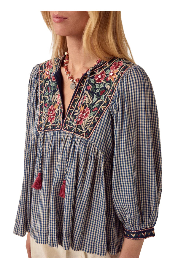 MAISON HOTEL Camicia Donna April Quadri Blu Ecru Ricami Cotone
