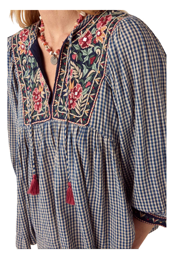 MAISON HOTEL Camicia Donna April Quadri Blu Ecru Ricami Cotone