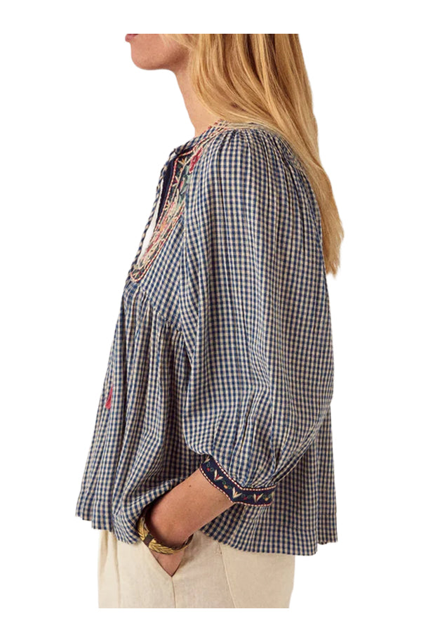 MAISON HOTEL Camicia Donna April Quadri Blu Ecru Ricami Cotone