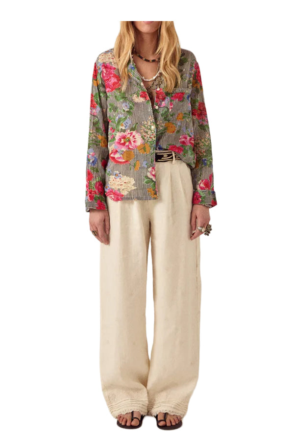 MAISON HOTEL Camicia Donna Righe Avorio Nero Floreale Piti