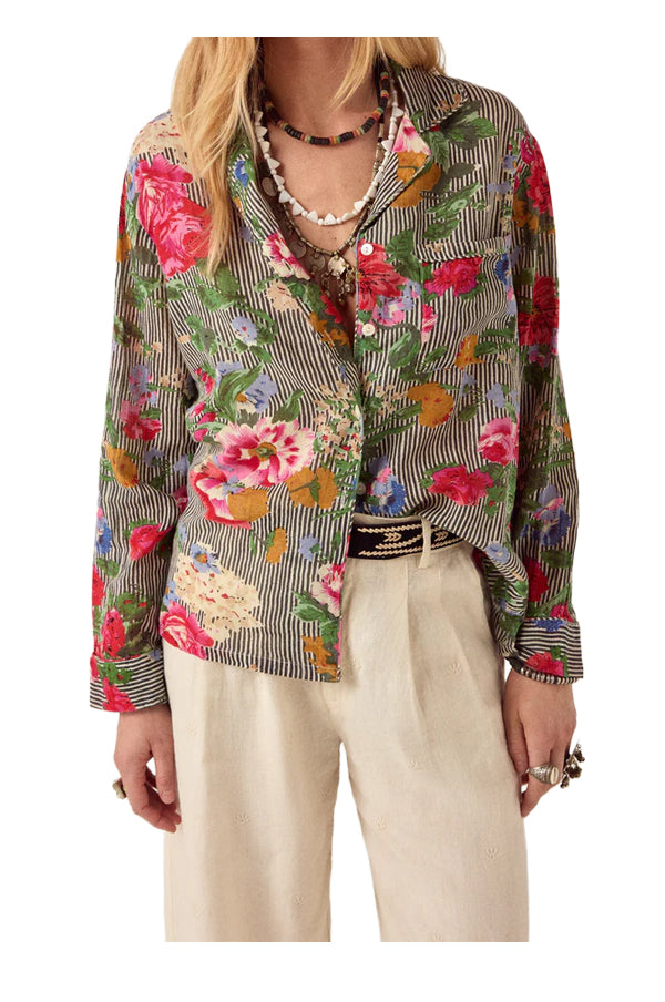 MAISON HOTEL Camicia Donna Righe Avorio Nero Floreale Piti