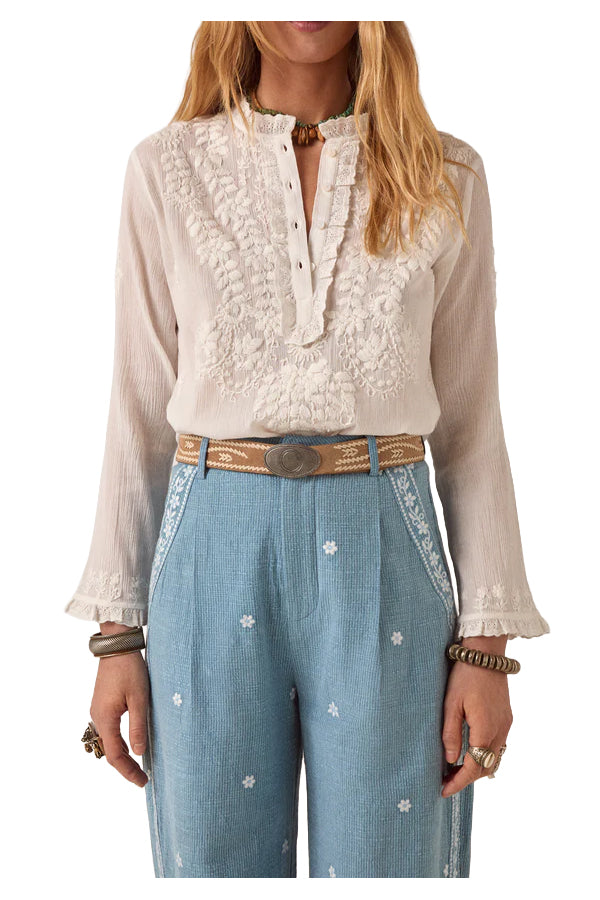 MAISON HOTEL Blusa Donna Off White Ricami Bottoni Gabriela Cotone