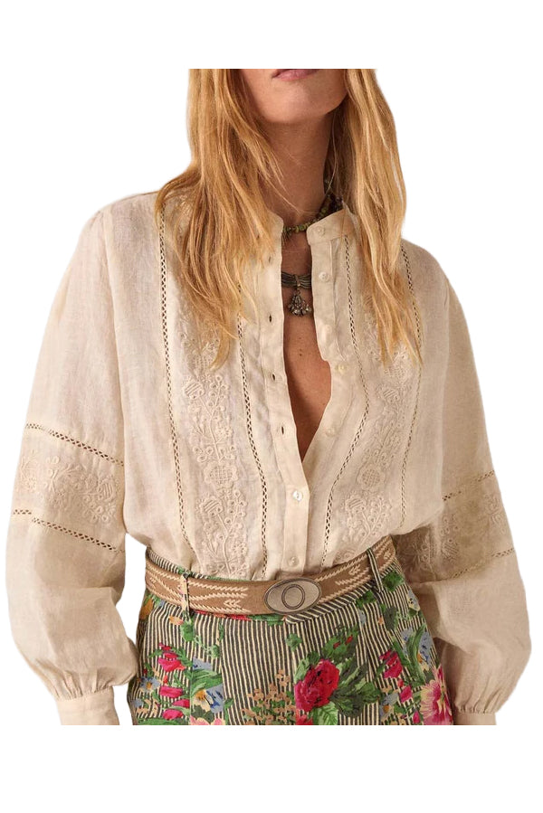 MAISON HOTEL Blusa Donna Avorio Ricami Bottoni Virginia Lino