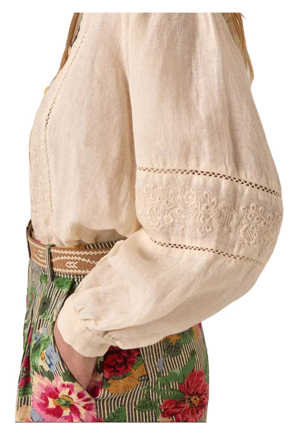 MAISON HOTEL Blusa Donna Avorio Ricami Bottoni Virginia Lino