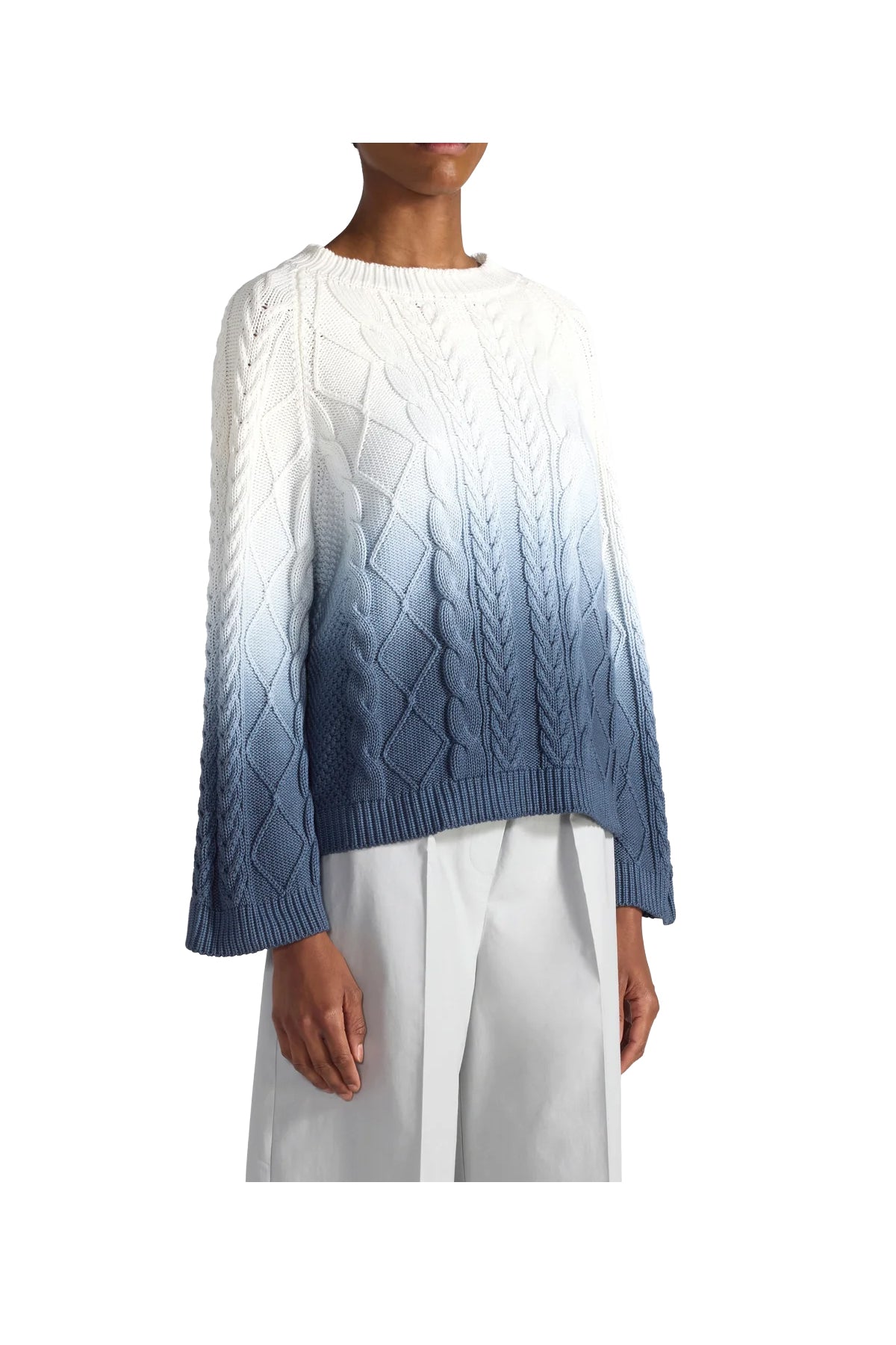 LIVIANA CONTI maglia svasata trecce tie-dye sfumato bianco/blu F6SB54 WILLOW MADE IN ITALY