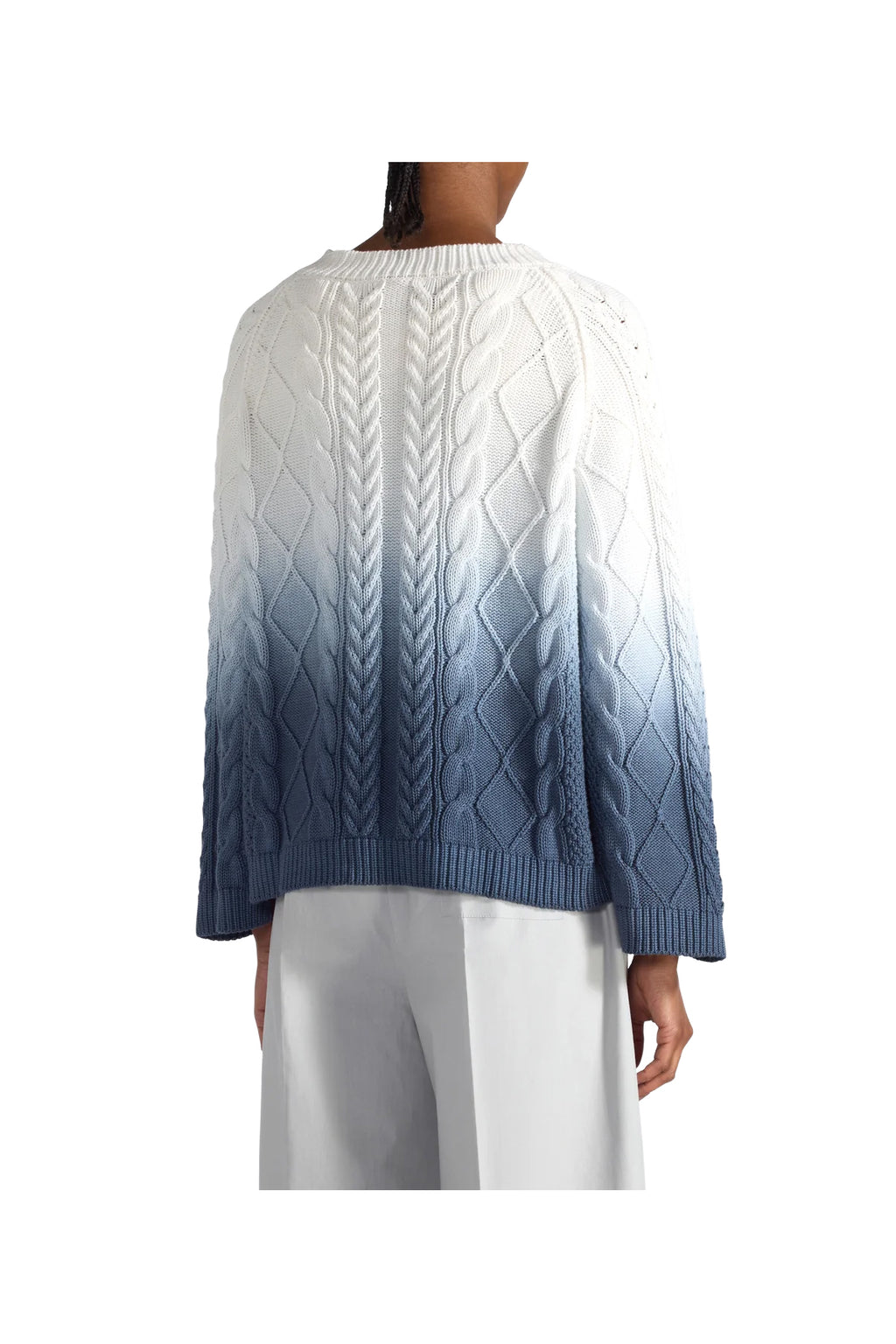 LIVIANA CONTI maglia svasata trecce tie-dye sfumato bianco/blu F6SB54 WILLOW MADE IN ITALY