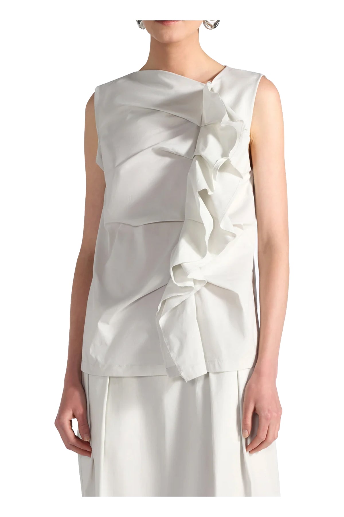 Blusa donna Liviana Conti F6SK04 ARIEL popeline primaverile bianco con rouche e drappeggi frontali