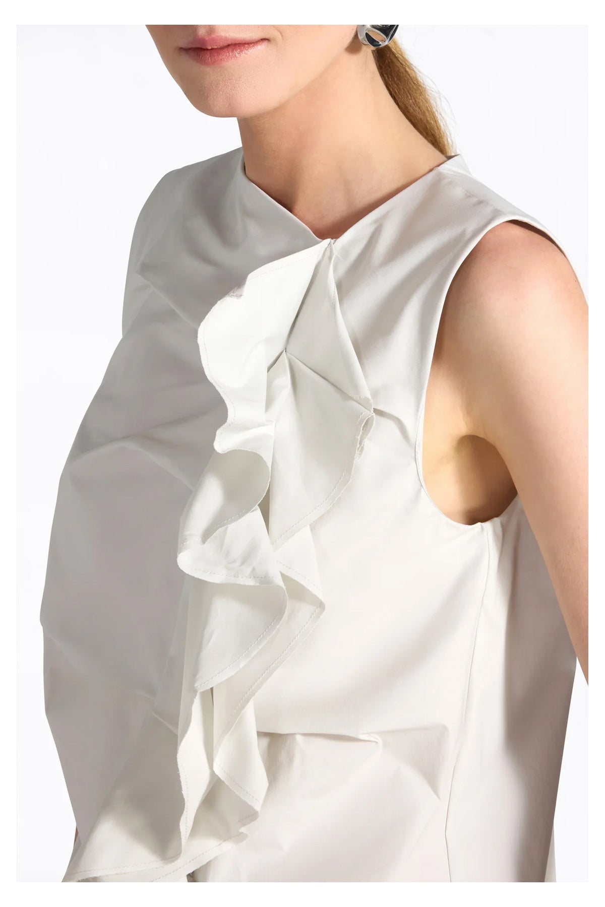 Blusa donna Liviana Conti F6SK04 ARIEL popeline primaverile bianco con rouche e drappeggi frontali