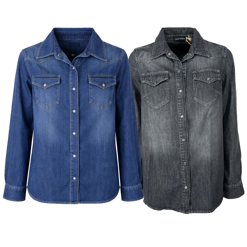 NOIR 'N' BLEU JANET-29 – Camicia donna denim lavato over, bottoni a pressione