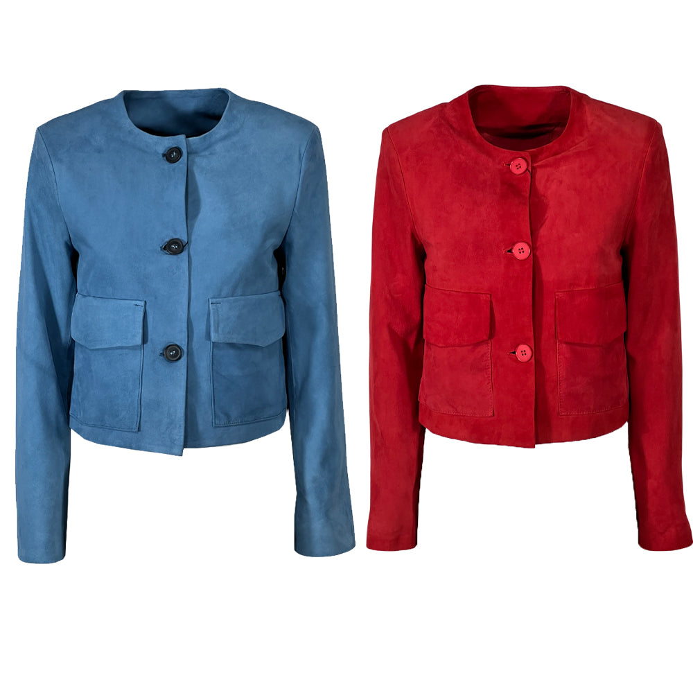 Giacca donna Heritage MP429-CM corta in 100% pelle scamosciata. Girocollo con tasche applicate