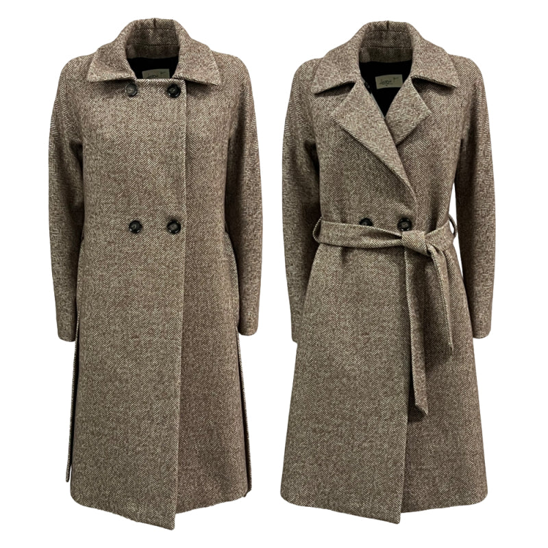 Lucrezia T Cappotto Donna Doppiopetto in Tessuto Spinato Beige/Marrone con Cintura – L25712 LU120