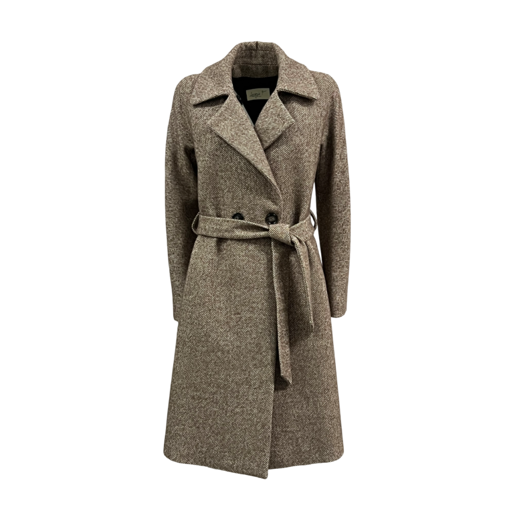 Lucrezia T Cappotto Donna Doppiopetto in Tessuto Spinato Beige/Marrone con Cintura – L25712 LU120