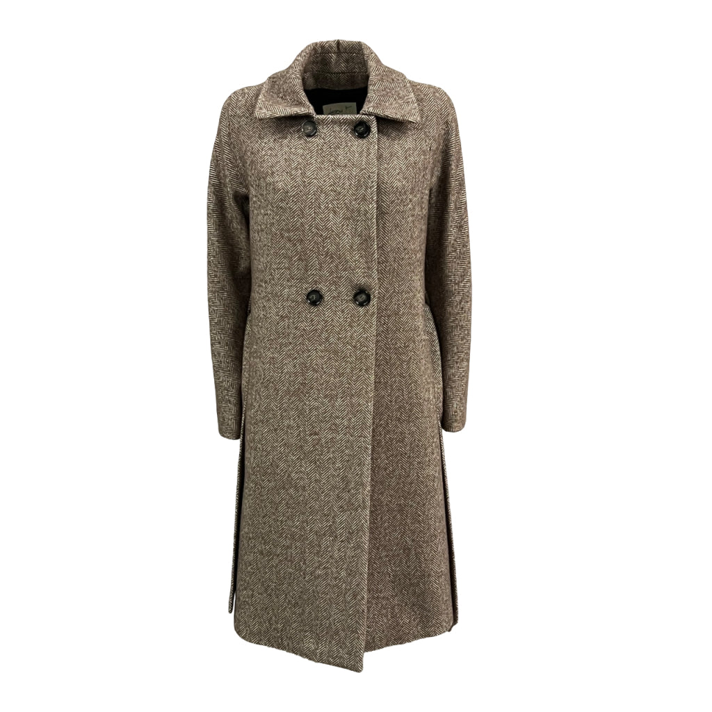 Lucrezia T Cappotto Donna Doppiopetto in Tessuto Spinato Beige/Marrone con Cintura – L25712 LU120