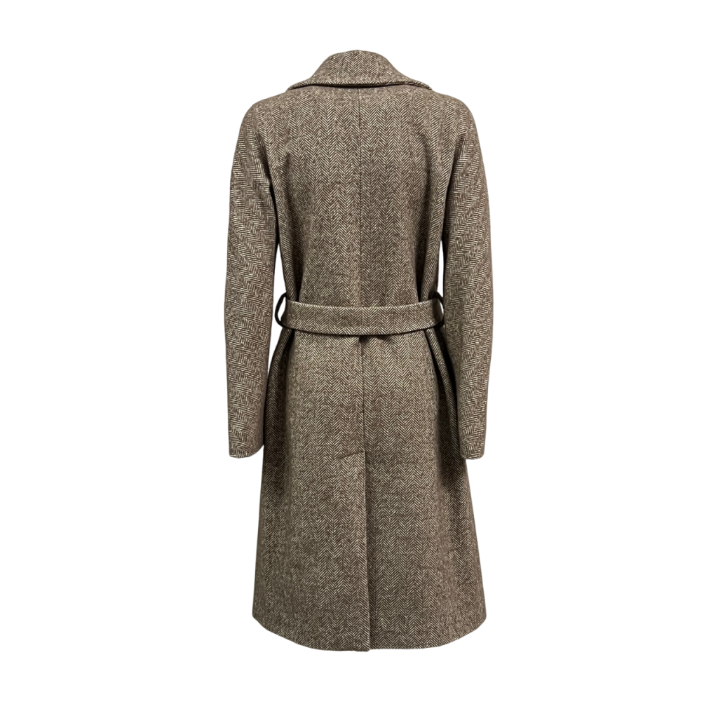 Lucrezia T Cappotto Donna Doppiopetto in Tessuto Spinato Beige/Marrone con Cintura – L25712 LU120
