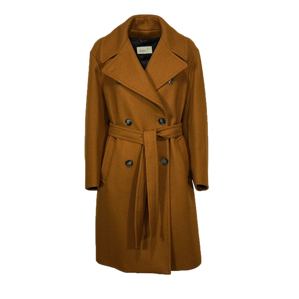 LUCREZIA T L25711 – Cappotto doppiopetto in tessuto chevron mattone con cintura (Made in Italy)