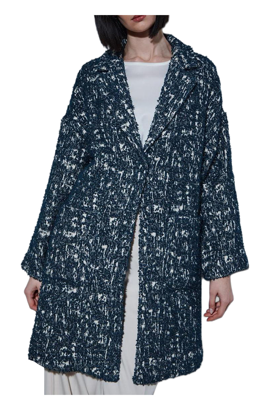 AMETHIST giaccone bouclè avorio/blu 264J sfoderato 95 cm automatici tasche