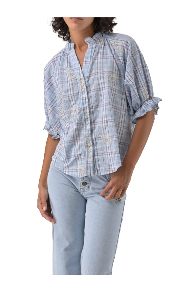 ORFEO PARIS camicia donna quadri celeste con ricami multicolor CLERY TW1814