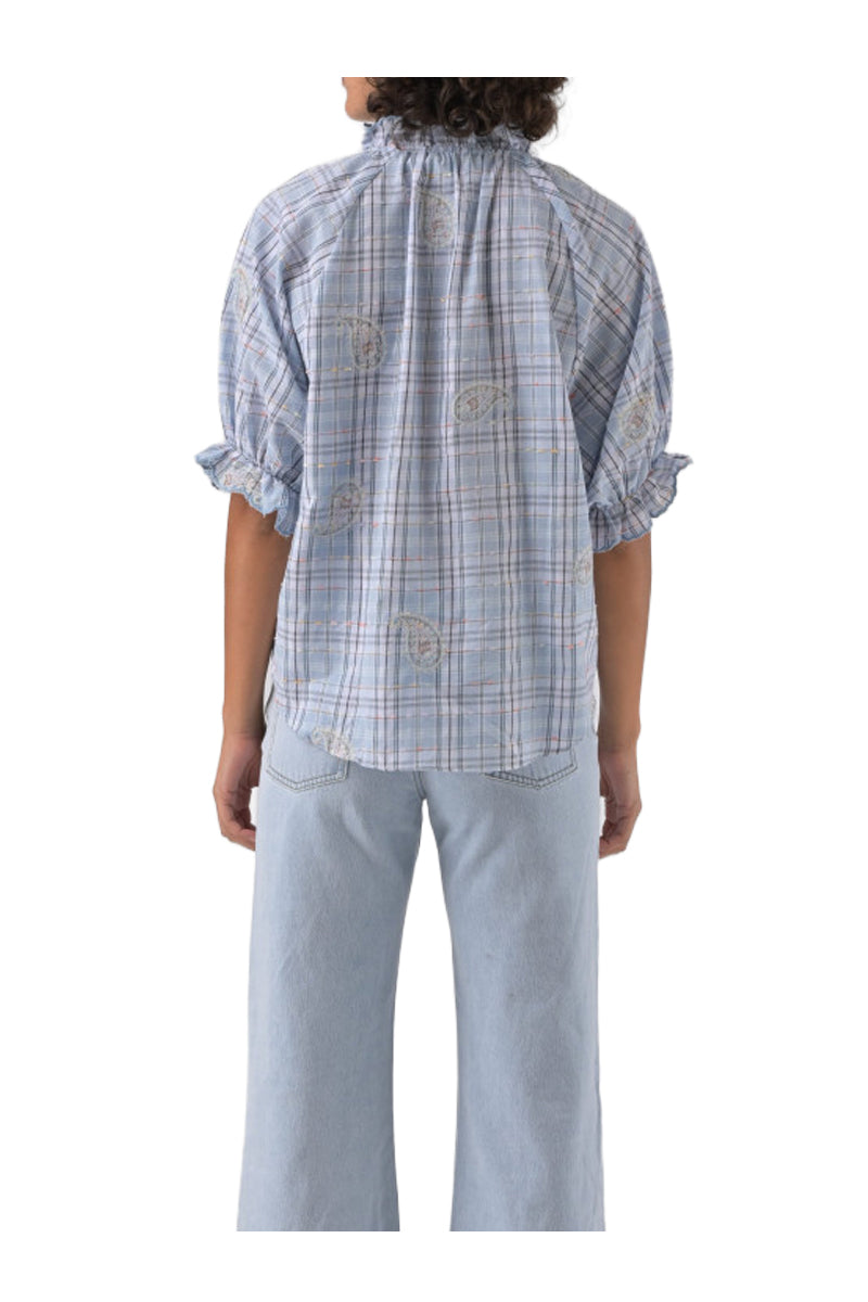 ORFEO PARIS camicia donna quadri celeste con ricami multicolor CLERY TW1814