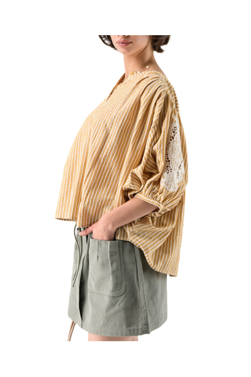 ORFEO PARIS blusa donna a righe ambra/ecru con ricamo applicato ecru ADRIAN TW1688E26 85% rayon