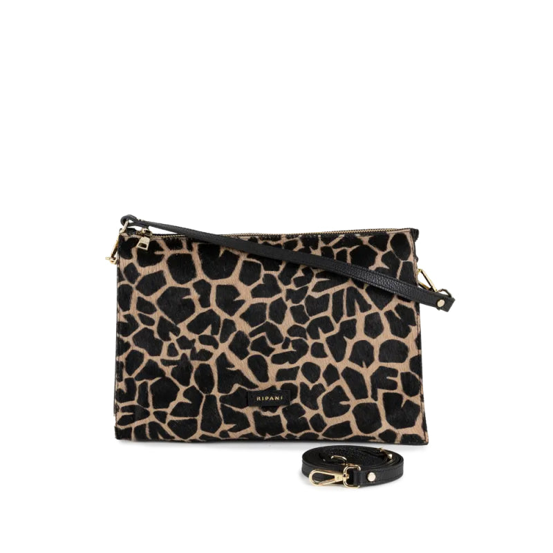 RIPANI I731ZO RENATE – Borsa media a spalla in pelle cervo nera + cavallino giraffa, triplo scomparto (Made in Italy)