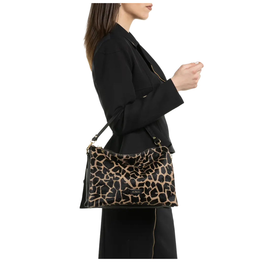 RIPANI I731ZO RENATE – Borsa media a spalla in pelle cervo nera + cavallino giraffa, triplo scomparto (Made in Italy)