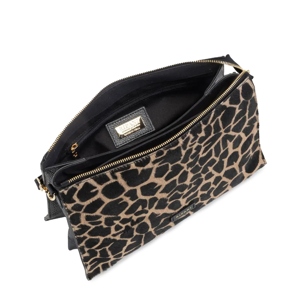 RIPANI I731ZO RENATE – Borsa media a spalla in pelle cervo nera + cavallino giraffa, triplo scomparto (Made in Italy)